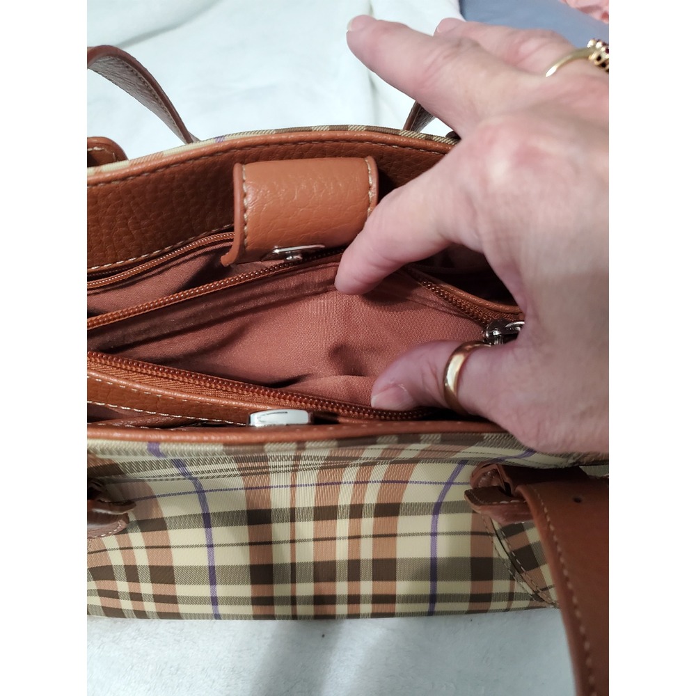 Liz Claiborne Plaid Shoulder Bag Brown Tan Purple Buckle Strap Handbag - Picture 10 of 13